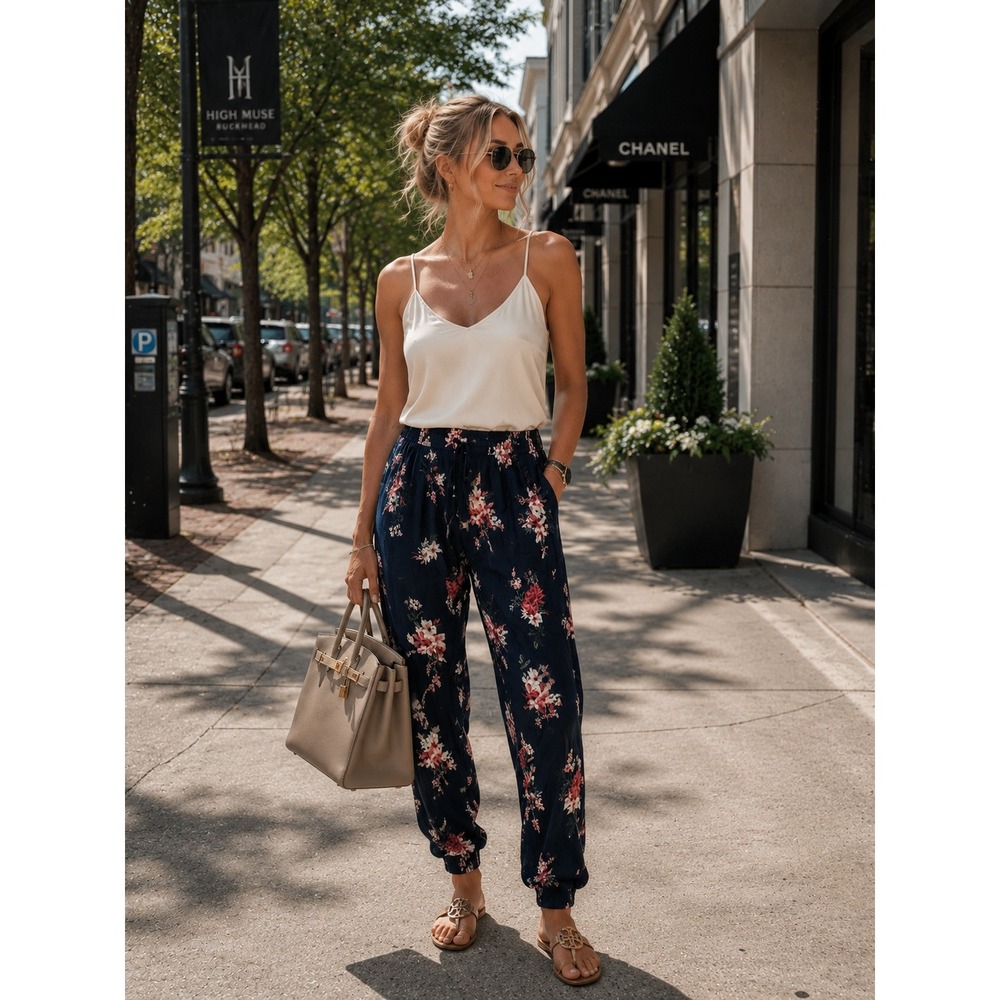 Colloseum Floral Joggers Womens Small Navy Blue Excellent Elastic Waist Pants